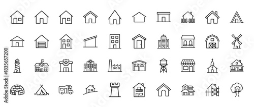Architecture and real estate line icon set. Vector pictograms of houses, apartments, factories, and civic buildings, thin outline illustration.