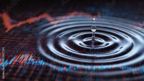 Water Ripple with Graph: A single drop of water creates concentric ripples, overlaid with a graph representing the fluctuating nature of data, conveying the dynamic interplay of cause and effect.