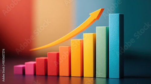 Progressing Graph: A vibrant, colorful bar graph ascends with a golden arrow, symbolizing growth and success in a dynamic, data-driven depiction of achievements and financial progress.