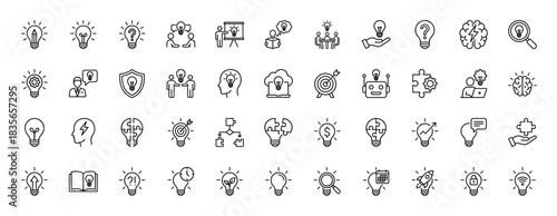 Creative idea generation line icon set. Vector pictograms of light bulbs, brainstorming, teamwork, and innovation, thin outline illustration.