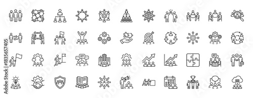 Teamwork and corporate communication line icon set. Vector pictograms of collaboration, meeting, structure, and strategy, thin outline illustration.