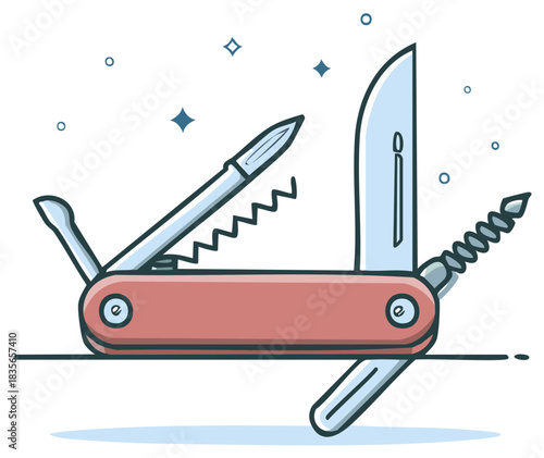 Handy multi-tool with blade, corkscrew, and opener illustration for versatility