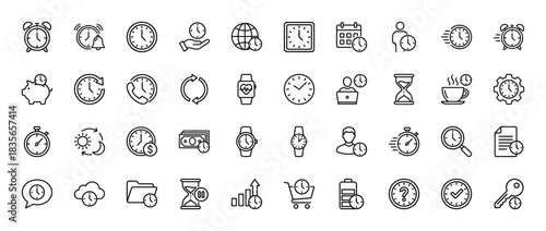 Time management line icon set. Vector pictograms of alarm clock, calendar, hourglass, stopwatch, and money, thin outline illustration.