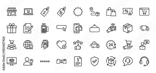 E-commerce and shopping line icon set. Vector pictograms of store, shopping cart, delivery truck, price tag, and customer support, thin outline illustration.