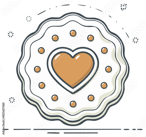 Sweet heart shaped cookie with icing and jam center. A cute romantic food illustration.