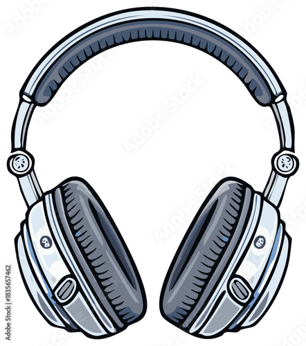 Grey and white headphones illustration for listening to music or audio, audio equipment concept