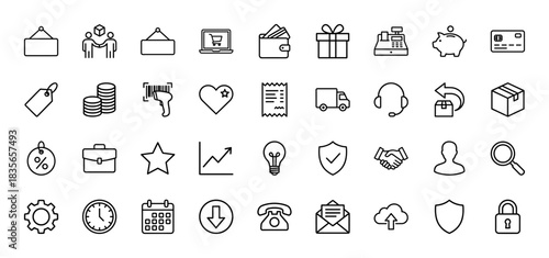 E-commerce and business line icon set. Vector pictograms of shopping, delivery, finance, and security, thin outline illustration.