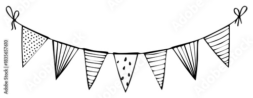 Doodle Style Garland of Pennants with Hand Drawn Patterns, Festive Decorative Flags, Sketch