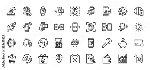 Finance and banking line icon set. Vector pictograms of payment, security, credit card, and digital transactions, thin outline illustration.