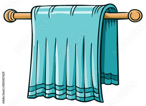 Clean blue bath towel hanging on a wooden rack cartoon illustration