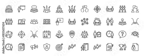 Business and management line icon set. Vector pictograms of teamwork, communication, meeting, presentation, and strategy, thin outline illustration.