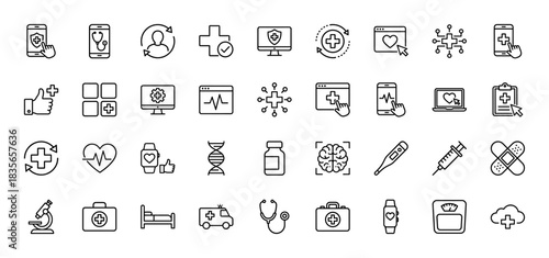 Medical and telehealth line icon set. Vector pictograms of syringe, dna, ambulance, heartbeat, and health monitoring, thin outline illustration.