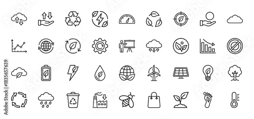 Ecology and environment line icon set. Vector pictograms of wind turbine, solar panel, recycling, and climate symbols, thin outline illustration.