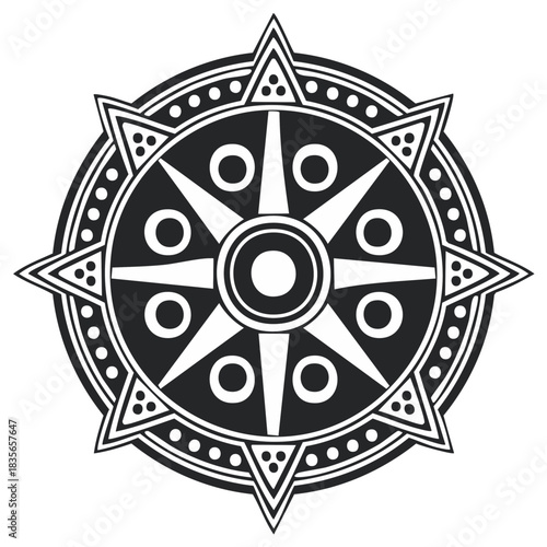 Ancient tribal style circular sun symbol with radiating geometric patterns and detailed ornament