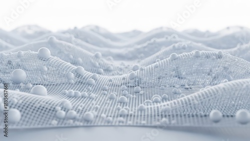 Textured white fabric with water-repellent beads on a rippled, grid-like surface