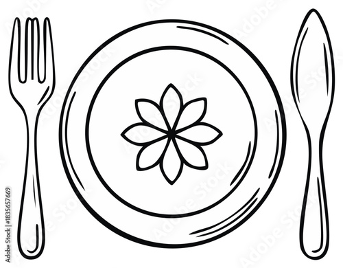 Hand drawn line art illustration of a place setting with a floral plate fork and spoon