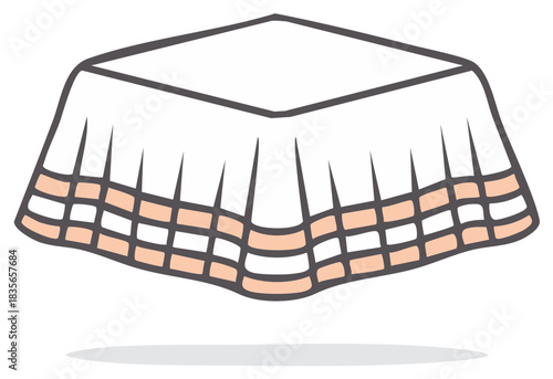 Illustrated tablecloth with a geometric design and decorative trim, shadow below.