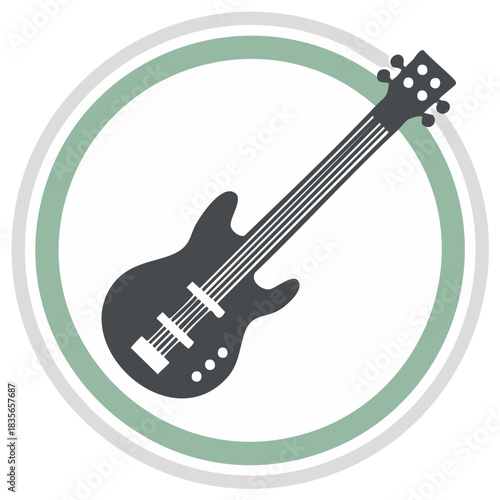 Stylized bass guitar silhouette graphic in a modern circular design representing music and sound