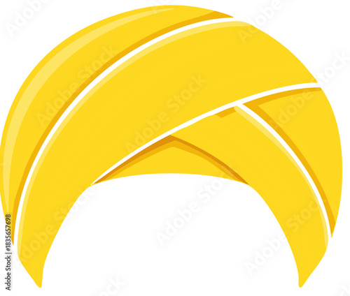 Illustration of golden yellow turban headwear covering head in a traditional Indian style and design