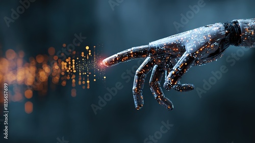 Digital Genesis: A cybernetic hand reaches out to initiate a cascade of digital data, symbolizing the creation of artificial intelligence.