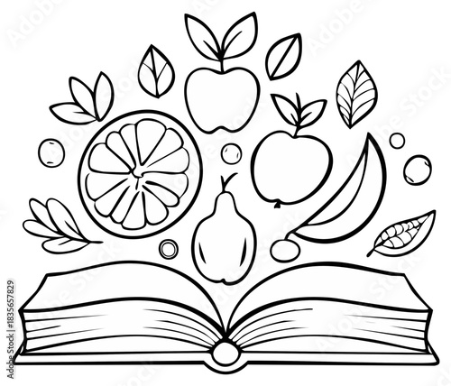 Open Book with Fruits and Leaves Illustration Black and White Outline Coloring Page Style