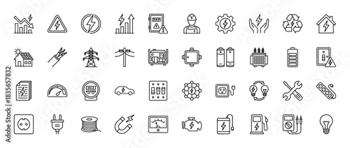Electricity and power line icon set. Vector pictograms of voltmeter, battery, solar panel, outlet, and energy generation, thin outline illustration.