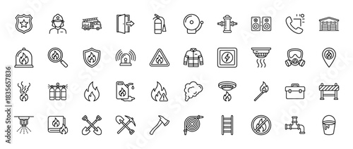 Firefighting and safety line icon set. Vector pictograms of firefighter, engine, extinguisher, helmet, and hose, thin outline illustration.