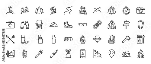 Outdoor hiking and camping line icon set. Vector pictograms of backpack, compass, tent, binoculars, and map, thin outline illustration.