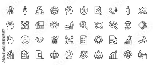 Human resources and business management line icon set. Vector pictograms of teamwork, strategy, growth, and employee lifecycle, thin outline illustration.