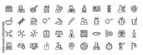 Science and chemistry line icon set. Vector pictograms of flasks, microscope, dna, molecules, and test tubes, thin outline illustration.