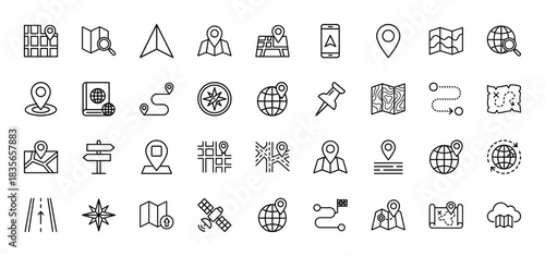 Navigation line icon set. Vector pictograms of map, globe, pin, route, and compass, thin outline illustration.