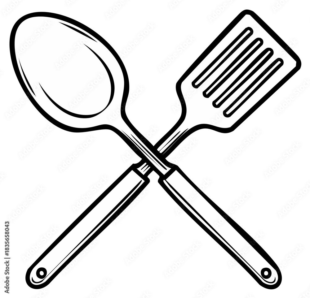 Fototapeta premium Crossed Spoon and Spatula Illustration in Black and White