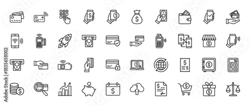 Finance and payment line icon set. Vector pictograms of credit card, wallet, atm, mobile banking, and shopping, thin outline illustration.