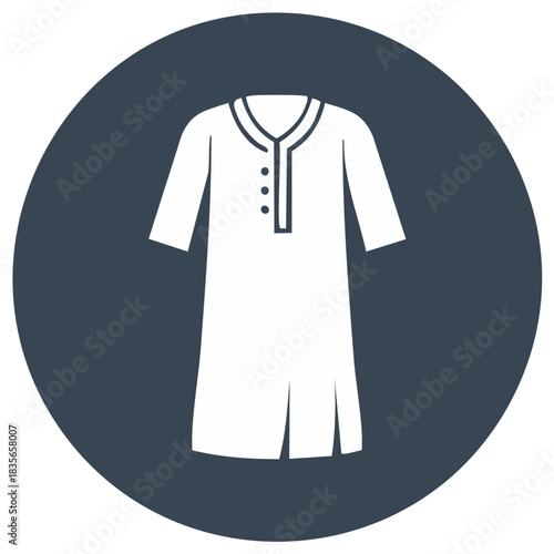 Traditional White Kurta Icon on Circular Background, Simple Clothing, Middle Eastern Garment Design, Casual Apparel Silhouette, Minimalist Style
