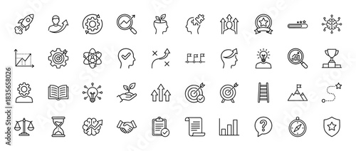 Business and strategy line icon set. Vector pictograms of rocket, target, graph, lightbulb, and trophy, thin outline illustration.