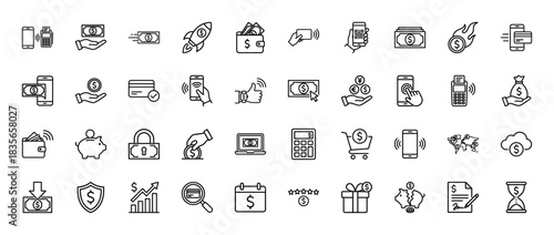 Finance line icon set. Vector pictograms of payment, wallet, smartphone, card, and calculator, thin outline illustration.