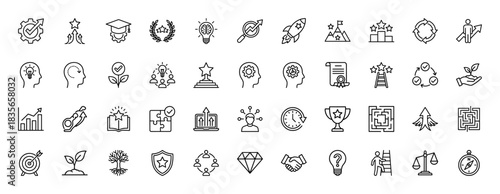 Business and success line icon set. Vector pictograms of target, growth, achievement, idea, teamwork, and education, thin outline illustration.