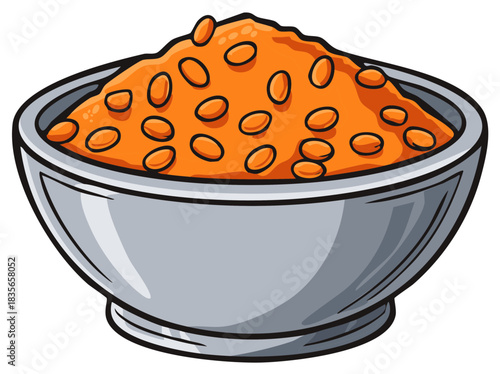 A bowl of orange beans in gravy is shown in a cartoon style with black outlines; tasty, stewed meal for a recipe
