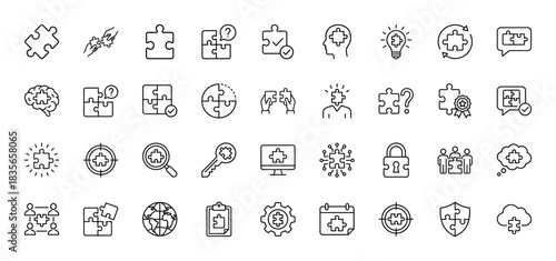 Business line icon set. Vector pictograms of puzzle pieces, brain, lightbulb, gear, and calendar, thin outline illustration.
