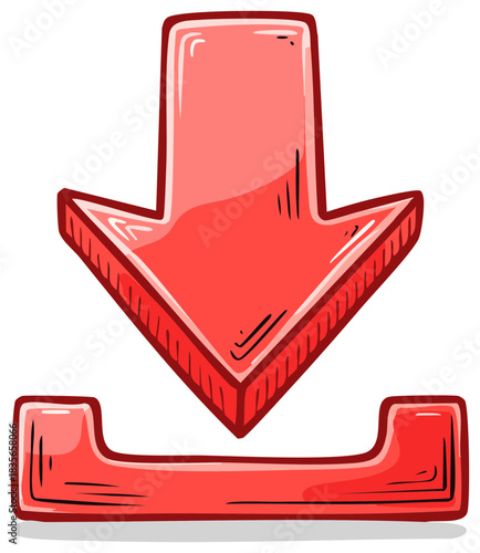 Vibrant red hand-drawn download arrow icon for digital content, data transfer, and software installation.