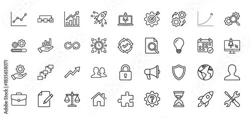Business line icon set. Vector pictograms of growth charts, rockets, gears, padlock, and calendar, thin outline illustration.