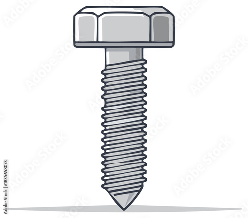 Single metal bolt with hex head and pointed threaded end, vector illustration