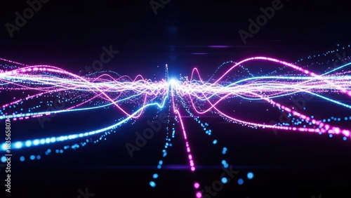 Vibrant pink and blue neon data streams flow across a dark digital landscape