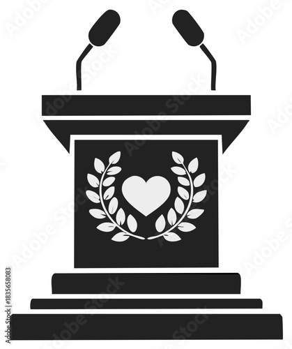 Presentation podium with microphones and laurel wreath heart symbol