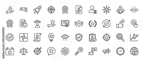 Quality and achievement line icon set. Vector pictograms of star rating, certificate, award, target, and medal, thin outline illustration.