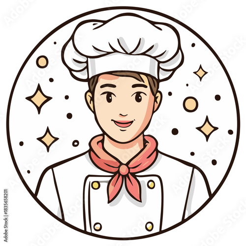 Friendly cartoon chef with toque and scarf smiling and surrounded by sparkles