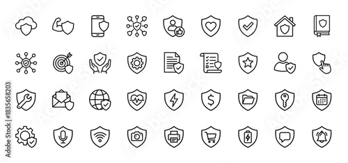 Cybersecurity line icon set. Vector pictograms of cloud, smartphone, data, document, and key, thin outline illustration.