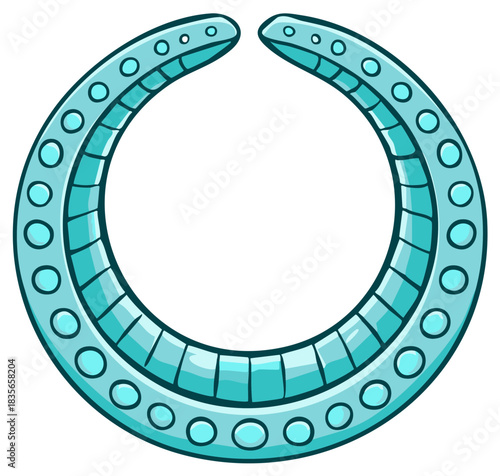 Turquoise U shape metal horseshoe with round indents, decorative abstract design element, cartoon graphic
