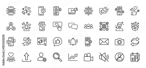 Social media marketing and engagement line icon set. Vector pictograms of smartphone, like, notification, user, and analytics, thin outline illustration.