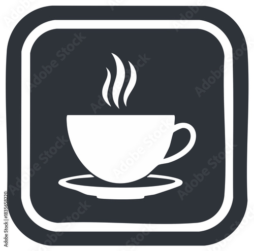 White hot steaming coffee cup and saucer icon with dark background and rounded square border